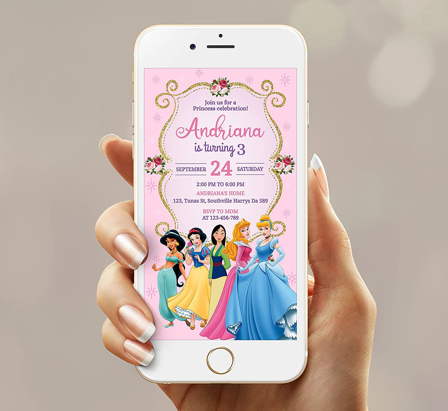 Princess Birthday Invitation Girl Mobile Phone Text Party Electronic Email SMS Evite Digital