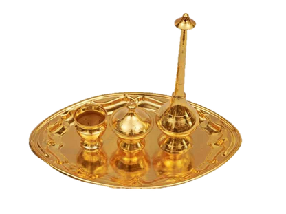 Gold Plated Panner chandan Kumkum Set Brass 9 inches