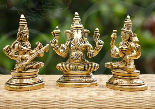 Lord Ganesha Lakshmi And Saraswathi Statue Brass 3.5 inches