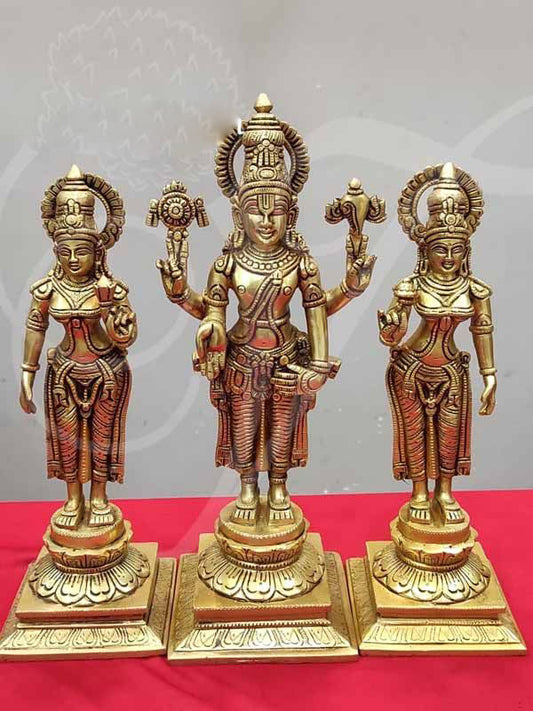 Lord Vishnu Sridevi And Bhodevi Statue Brass 15 Inches